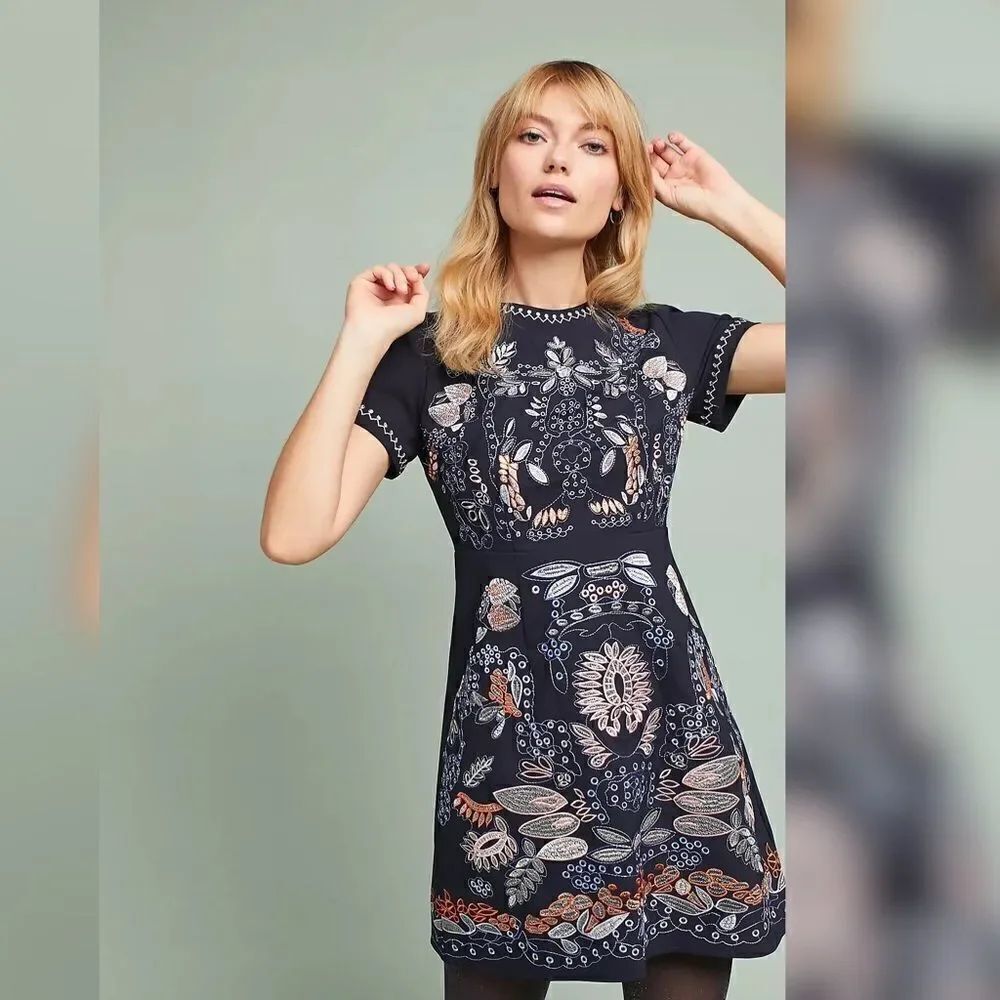 Anthropologie - Petite Embroided Cap-Sleeve Dress
